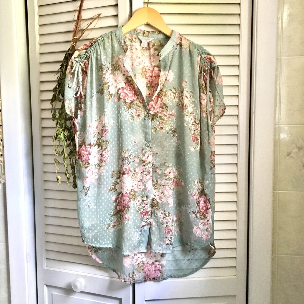 {Belle & Sky}Teal Floral Button Down HiLo Tank Top - Picture 8 of 8